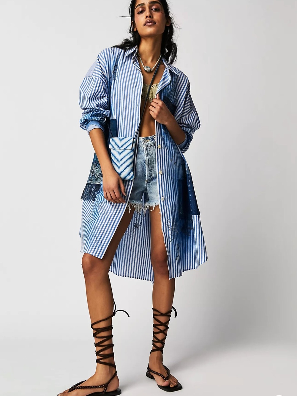 Free People Blue Patchwork Huntress Stripe Shirt Nigel Preston & Brenda Knight